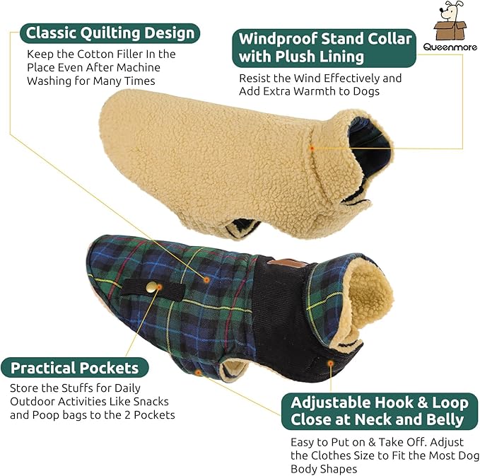 Queenmore Dog Winter Coat Warm Dog Jacket for Cold Weather, Quilting Puffer Plaid Coats for Small/Medium Dogs Waterproof,Girl/Boy Pet Christmas Coat,Pet Snowsuit with Leash Hole/Fleece Padding, XS