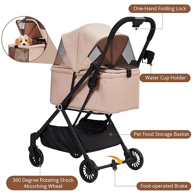 4-Wheel Lightweight Dog Stroller - Foldable Pet Stroller for Cats & Small to Medium Dogs Up to 50 Lbs, with 360° Swivel Wheels, Foot Brake, Weather & Escape Proof Design