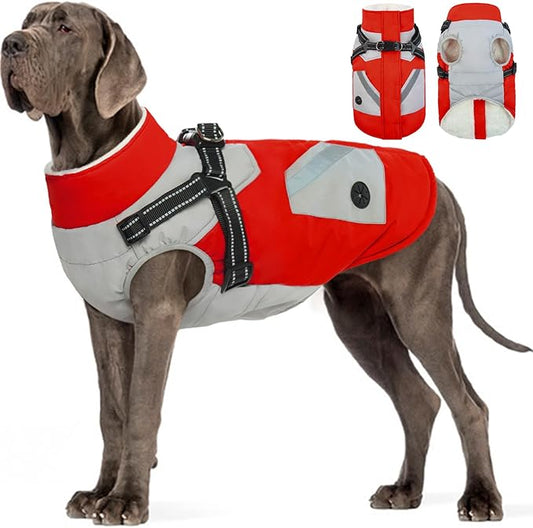 FUAMEY Dog Winter Jackets for Large Dogs,Dog Coat with Harness Built in,Waterproof Dogs Snowsuits Warm Pet Jacket Zip Up Fleece Cold Weather Coats Reflective Puppy Vest with Pocket Red 3XL