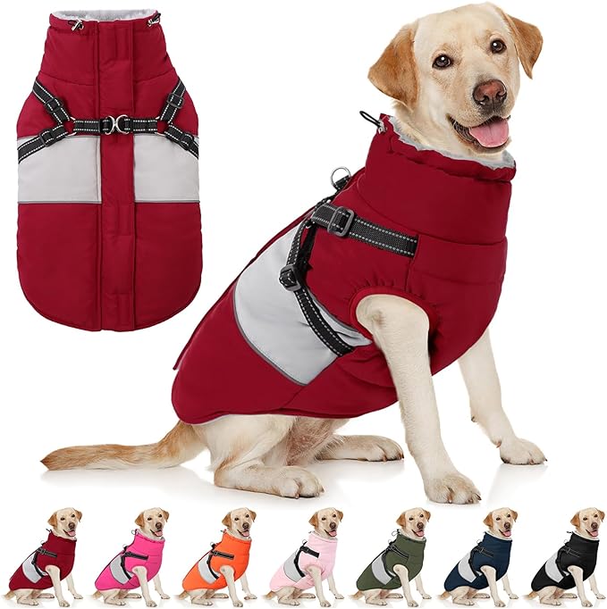 AOFITEE Dog Coat, Large Dog Jacket, Dogs Coat with Harness Built in, Reflective Waterproof Dogs Jackets Winter with Furry Collar, Warm Polar Fleece Pet Sweater Snowsuit for Doberman, Great Dane XXXL