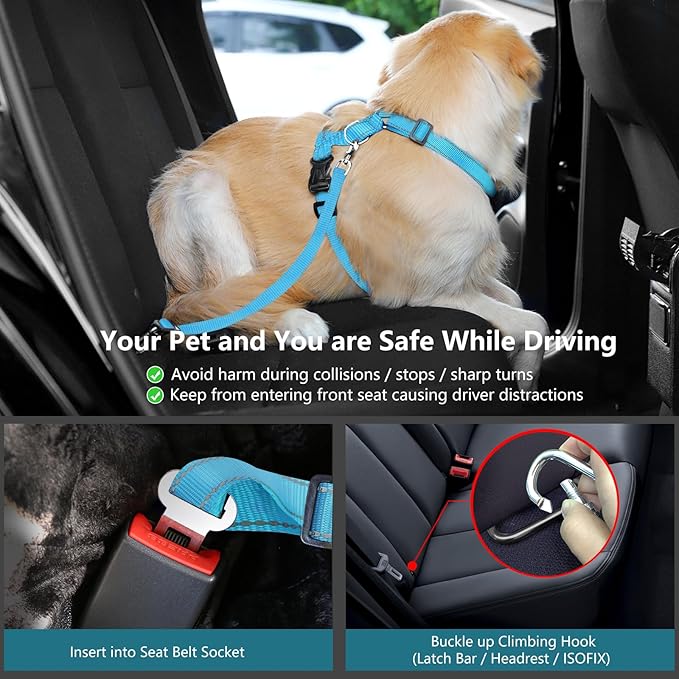 Dog Seat Belt Harness for Car, Dog Car Harness Adjustable Mesh Breathable & Dogs Seatbelt Safety Tether with Elastic Bungee for Small Medium Large Pets(Blue, L)