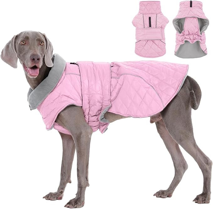 Kuoser Dog Coat, Extra Warm Dog Jacket Windproof Dogs Cold Weather Coats for Large Dogs, Fleece Lining Turtleneck Puppy Snowsuit Reflective Adjustable Pet Winter Clothes Christmas, Pink 2XL