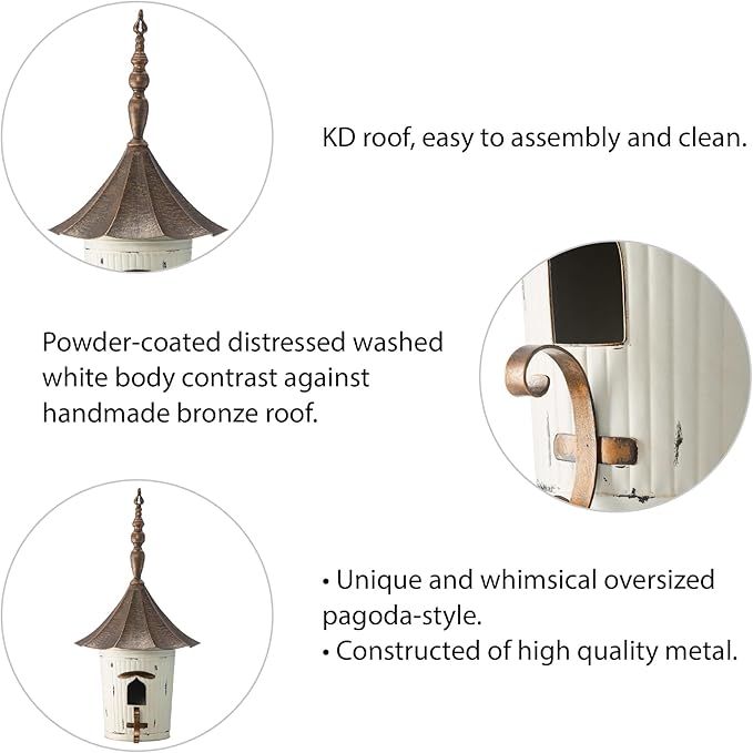 Glitzhome 29.75”H Metal Hanging Birdhouse for Outdoors Oversized Farmhouse Pagoda Painted Bird House with Bronze Roof for Bluebird Wren Chickadee Sparrow Bird Nest Box for Garden Patio, Washed White