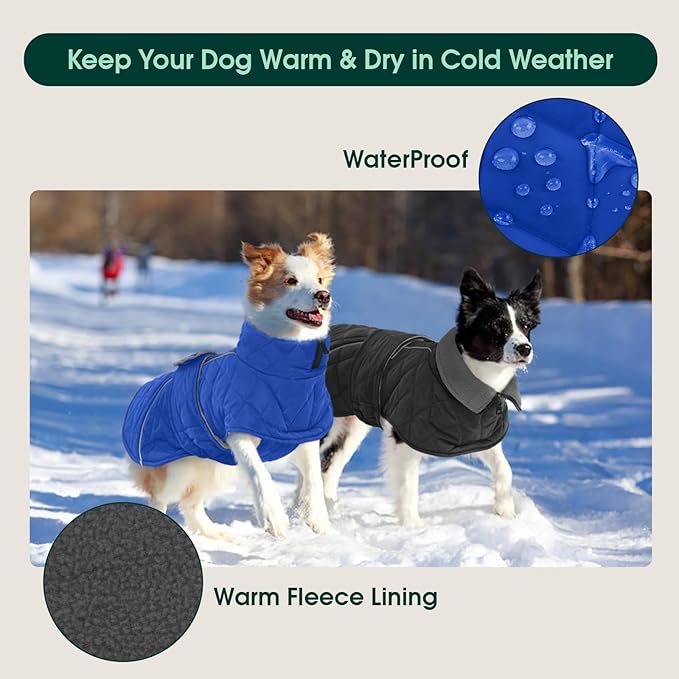 Kuoser Dog Coat, Extra Warm Dog Jacket Windproof Dogs Cold Weather Coats for Large Dogs, Fleece Lining Turtleneck Puppy Snowsuit Reflective Adjustable Pet Winter Clothes Christmas, Blue XL