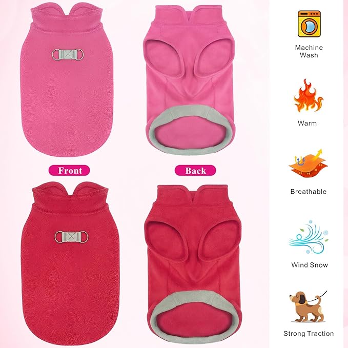 Idepet 2 Pack Dog Fleece Vest Sweater Warm Pullover Jacket with D-Ring Leash Reflective Winter Coat Hoodie for Small Medium Dogs Puppy Cat Pet Clothes (Red&Rose Red, X-Large-French Bulldog)