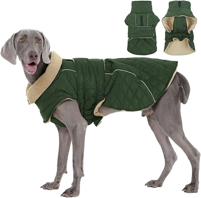 Kuoser Super-Warm Dog Coat, Windproof Cold Weather Coats for Extra Large Dogs, Fleece Lining Turtleneck Dog Snow Jacket with Reflective Strips Thermal Pet Winter Clothes, Green 2XL
