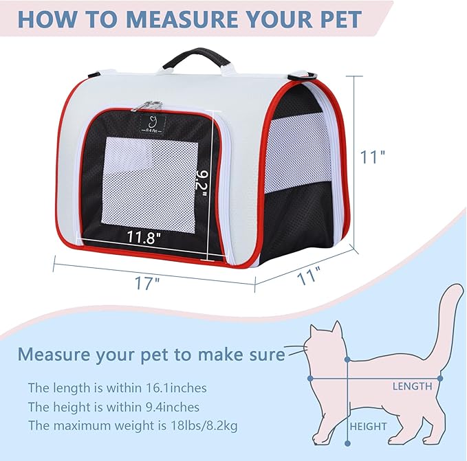 A4Pet Airline Approved Cat Carrier, Suitable for Cats, Puppies Under 18 lbs, Easy On The Go, Easy to Stow, Soft-Sided Cat Travel Carrier, 17" L x 11" W x 11" H, White & Red