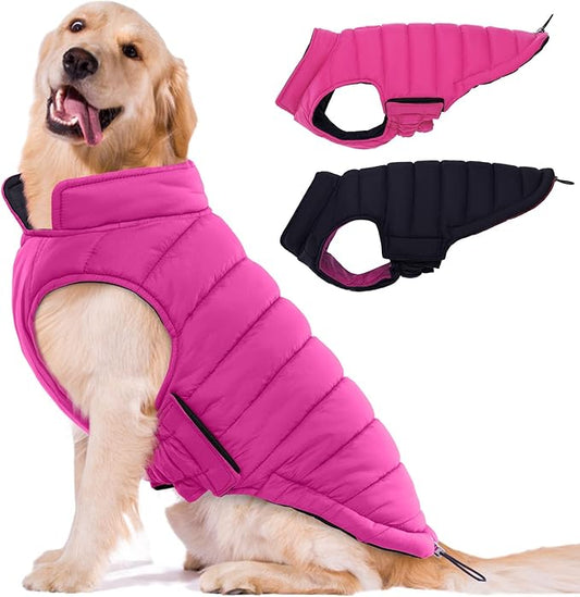 Lelepet Reversible Dog Jacket Lightweight Warm Dog Winter Coat Padded Vest Windproof Cold Weather Coat Pet Sonwsuit with Hook & Loop Coats for Large Dogs, Non-Shedding, Easy on/Off, Rose Red, XXL