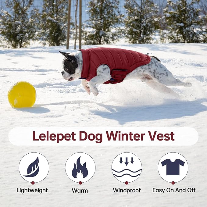 Lelepet Reversible Dog Puffer Jacket Warm Dog Coat Padded Vest Windproof Lightweight Cold Weather Coat with Hook & Loop Coats for Large Dogs, Non-Shedding, Easy on/Off, French Bulldog, Wine Red, L