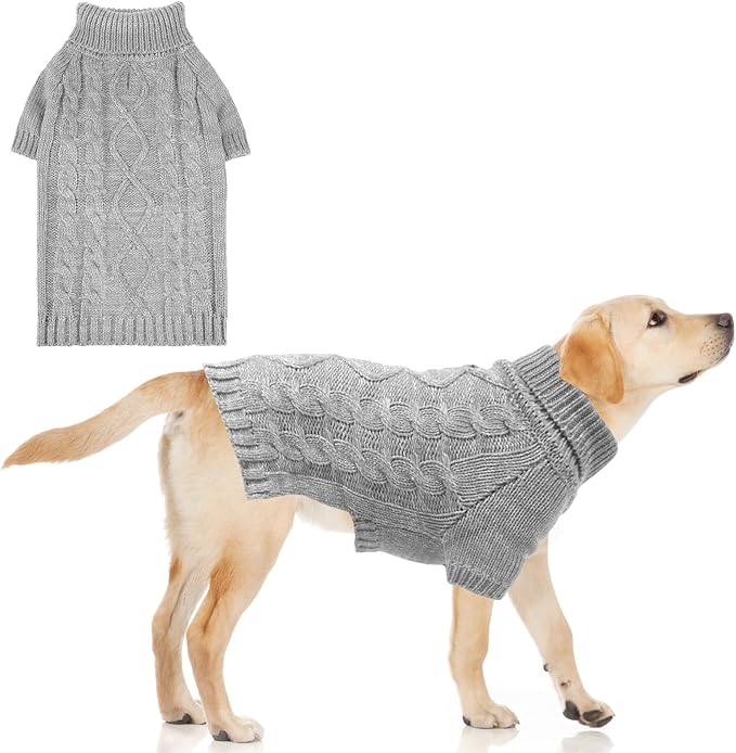 KOOLTAIL Thermal Knitted Dog Sweater for Small Medium Large Dogs, Turtleneck Cable Knit Doggy Winter Coat Warm Clothes Sweatshirt Outfits for Cold Weather,Pullover Pet Jumper for Puppy Cats Grey XL