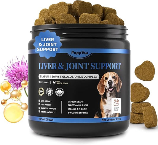 Liver Health Supplement for Senior Dogs - Joint Health Support with Silybum Marianum, SAMe, Krill Oil, Glucosamine, B Vitamins Complex, MSM, Choline for Old Dogs, Chicken Flavor - 90 Soft Chews