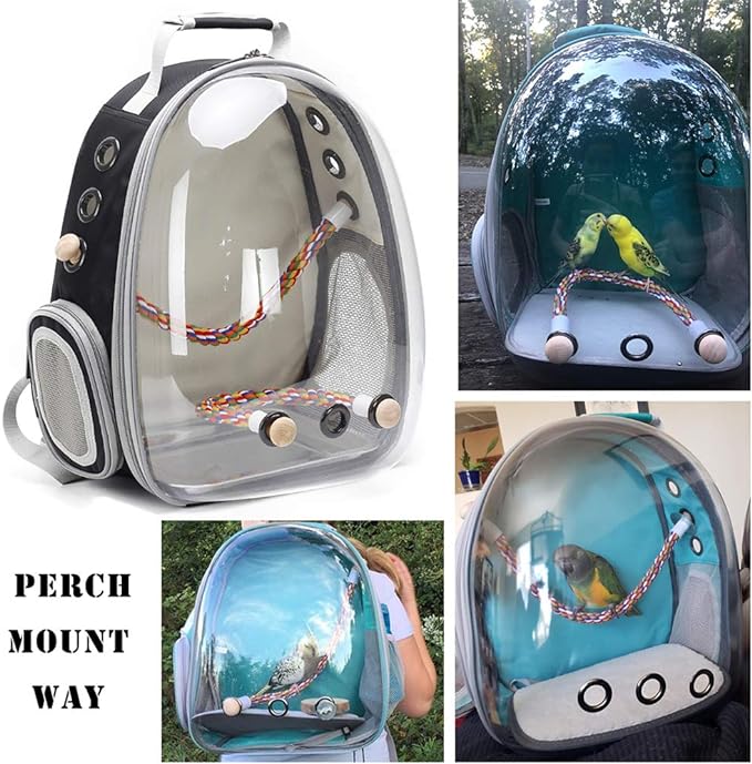 Bird Traval Carrier Cage, Clear Space Capsule Astronaut Backpack to Carry Parakeet Cockatiel Parrot with Metal Tray Wood Perch, Vet Transport School Bag