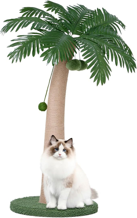 43 Inches Tall Cat Scratching Post for Large Cat, Coconut Tree Shaped Sisal Scratcher for Indoor Cat with 3 Pompoms