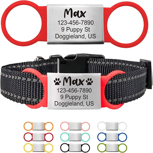 Custom Slide On Pet Tag ID, Fancy Silent Dogs & Cats Personalized No Jingle Engraved Identification Name & Phone Charm for Collar & Harnesses, No Noise for Puppies, Kitties, Horses & Animals