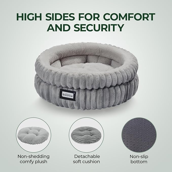 BALANCE Cat Bed Kitten Bed, Washable Round Cat Beds for Indoor Cats,Super Soft Plush Faux Fur Pet Bed for Puppy and Kitten with Anti-Slip Bottom