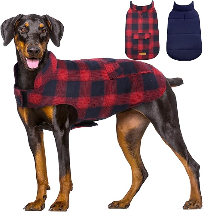 Kuoser Reversible Dog Jacket, Warm Winter Coat for Large Dogs, Warm Windproof Pet Cold Weather Clothes, Red XXL