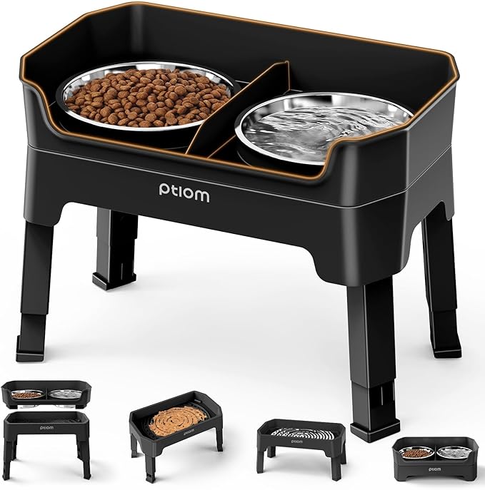 KPWACD 3-in-1 Elevated Dog Bowls Mess Proof Raised Slow Feeder Dog Bowls, 4 Height Adjustable Stand Licking Plate with 2 56oz Stainless Steel Doggy Food Dish for Small Medium Large Pets