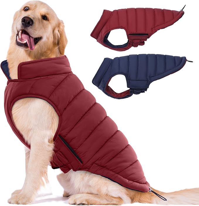 Lelepet Reversible Dog Jacket Lightweight Warm Dog Winter Coat Padded Vest Windproof Cold Weather Coat Pet Sonwsuit with Hook & Loop Coats for Large Dogs, Non-Shedding, Easy on/Off, Wine Red, XXXL