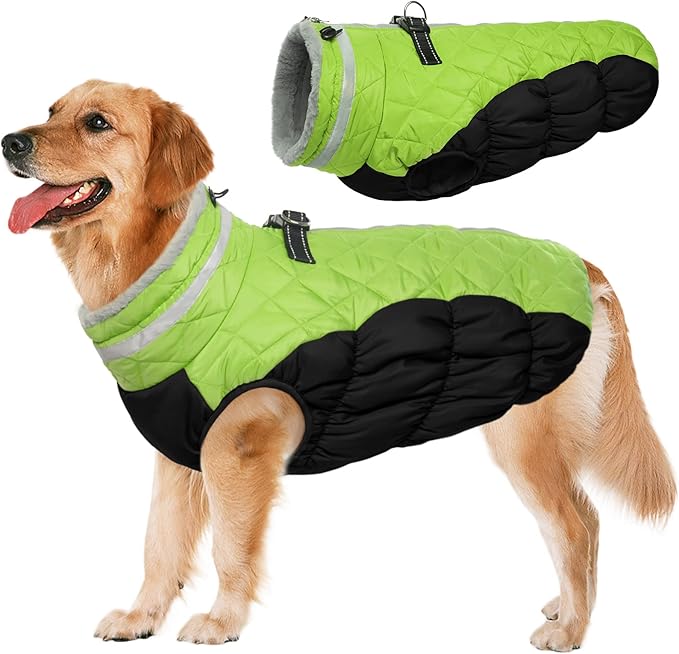 Lelepet Dog Coat Warm Dog Winter Coat Waterproof Dogs Jacket with Harness Built in Reflective Pet Fleece Vest Zip-Up Cold Weather Coats for Large Dogs Turtleneck & Windproof Coats Boxer Lime XL