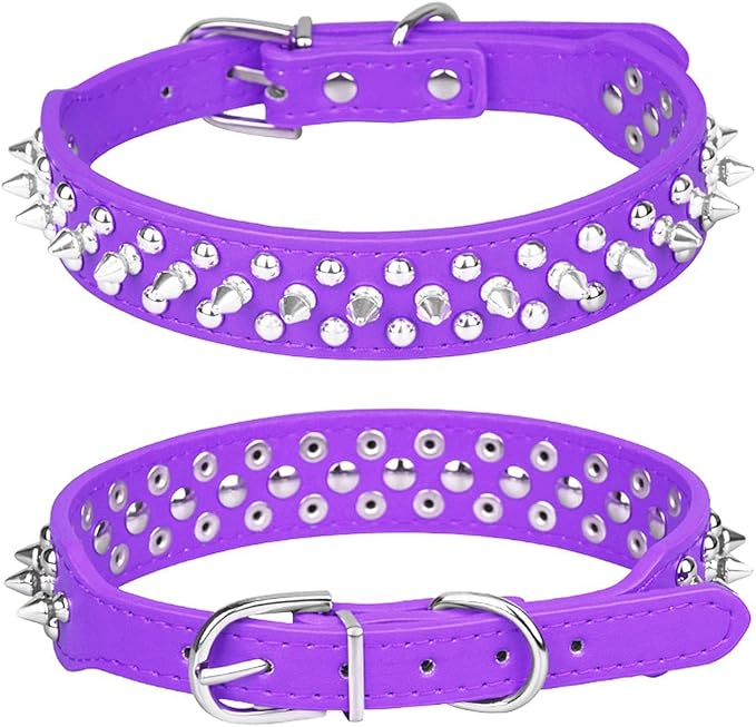 Spiked Dog Collar, Mushrooms Rivet Studded Adjustable Pu Leather Pet Collars for Cats Puppy Dogs (L, Purple)