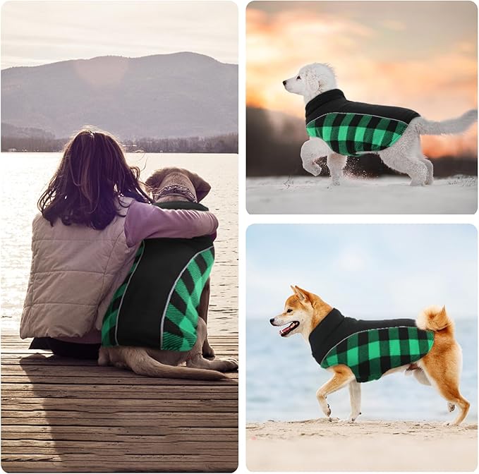 Kuoser Dog Winter Coat, Reversible Waterproof Dog Jacket with Reflective Strip, Warm Dogs Fleece Vest Adjustable Doggy Cold Weather Clothes Plaid Christmas Outfit Pet Apparel for Large Dogs, Green L