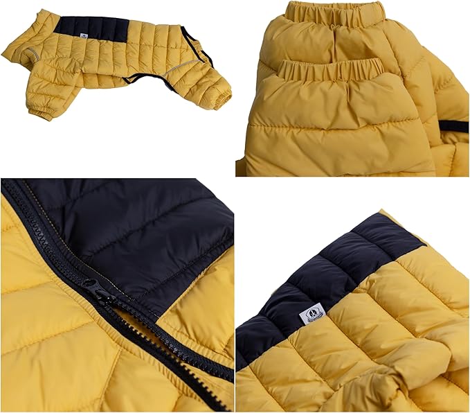 Lovelonglong Dog Coat Dog Warm Jacket, 4 Legs Covered Waterproof Windproof Reflective Warm Dog Vest, Zippered Adjustable Outdoor Dog Snow Jacket for Small Medium Large Dogs Yellow XL