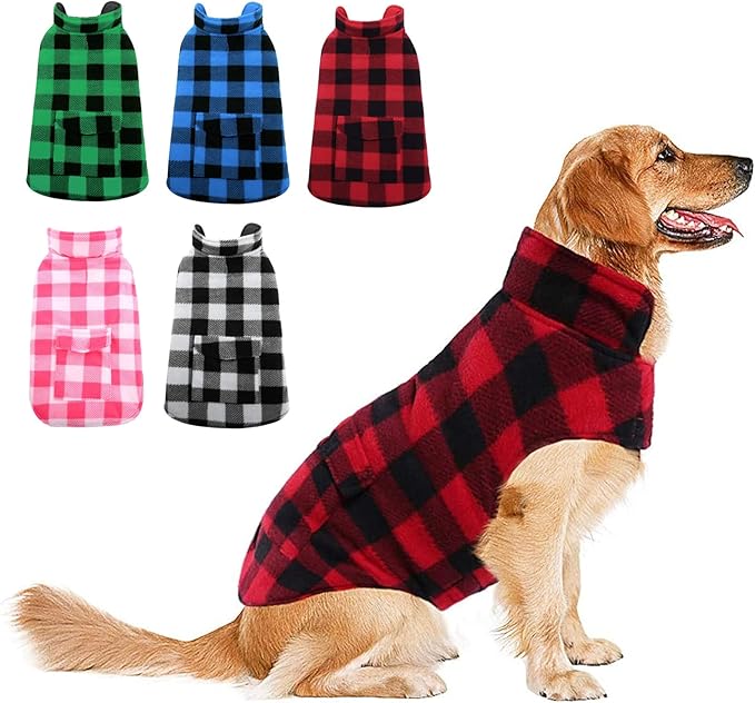 ASENKU Dog Winter Coat, Fleece Doggie Jacket Plaid Reversible Vest Waterproof Windproof Cold Weather Clothes for Small Medium Large Dogs (Red, XL)