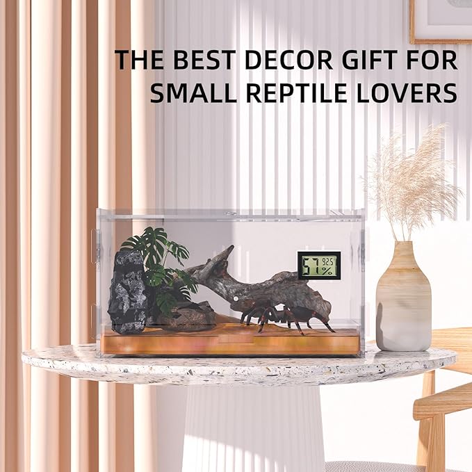 Reptile Terrariums with Temperature Hygrometer, 15.7"x9.9"x7.1" Acrylic Breeding Box Terrarium Cage Tank for Small Reptiles, Insects, Home Office (Terrestrial)