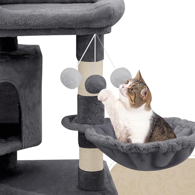 Athena Collection Cat Tree Tower, 58 Inch Tall Modern Cat Tree Claimbing Tower with Scratching Post 2 Condo 3 Hammocks Multi-Level Platform and Playing Ball for Indoor Large Adult, Dark Grey