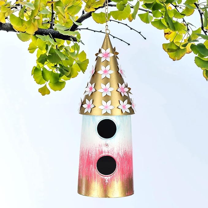 BAYN Hanging Bird House for Outside, 2 Story Double Hole Metal Birdhouse for Outdoor Hanging Handwork Bird Nest Decorative Garden Decor Outdoor