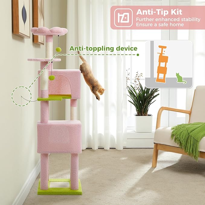 PAWZ Road Pink Flower Cat Tree Tower 62 Inches Cat Tree with 2 Condos,2 Flower Perches,4 Scratching Posts & 1 Scratching Board, and 2 Hanging Balls for Indoor Cats