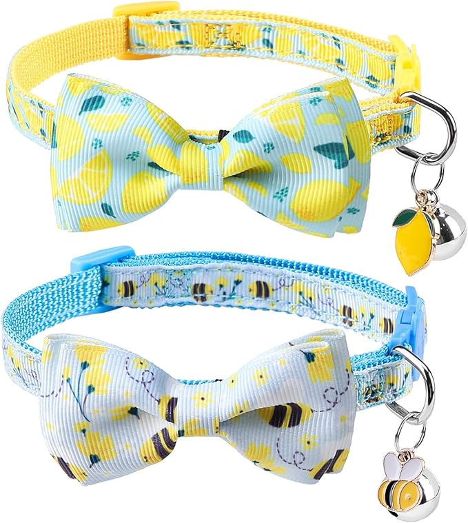 SCENEREAL Breakaway Cat Collar with Bell, 2 Pack Safety Adjustable Cat Collars with Pendant, Personalised Puppy Kitten Collar with Bow for Spring Summer Boys Girls, Lemon Bee