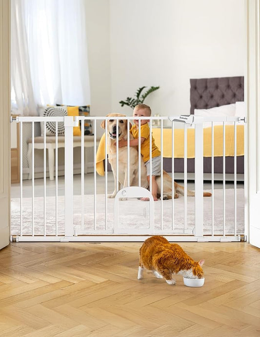 Babelio 36.5-57" Extra Wide Baby Gate with Cat Door,Auto Close&Two Way Swing,Pressure Mounted Dog Gates for Stairs,Doorways,Includes 4 Wall Cups and 3 Extension Pieces,White