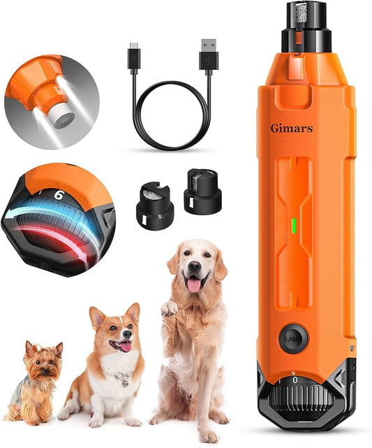 Gimars Upgrade Super Quiet Adjustable 6 Speed Powerful 12000rpm Allow All Controll Dog Nail Grinder 45 db Dual LED Light Pet Nail Grinder USB Rechargeable 3 Ports Nail File for Large Medium Small Dog