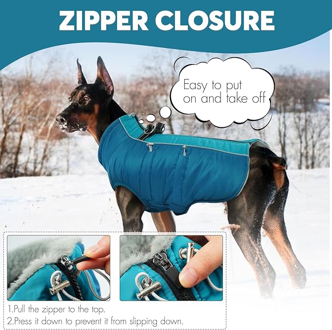 IDOMIK Warm Dog Coat with Harness Built-in, Thick Fleece Dog Winter Jacket with High Collar&Zipper, Waterproof Reflective Dogs Cold Weather Coats for Large Dogs, Pet Snow Jacket Vest(Blue,2XL)