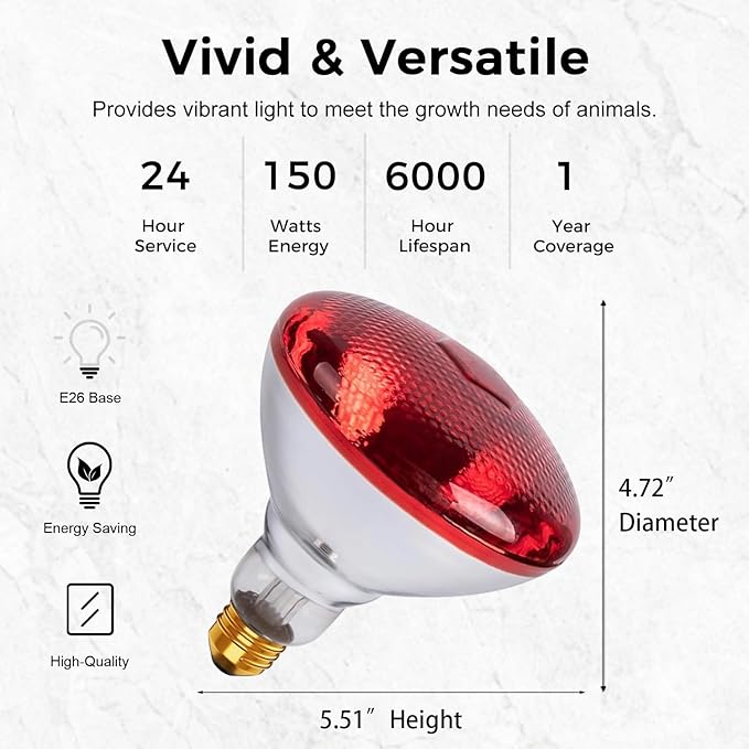 Infrared Heat Lamp for Chickens, 150 Watts Red Heat Lamp Bulb, Heat Light Bulb for Brooder Coop, Food Service, Chicks, Pet, Reptile, 2 Pack