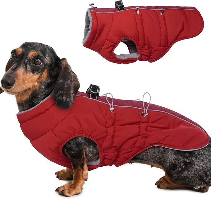 Dog Winter Jacket - Large, Warm Zip Up Snowsuit Dog Harness Vest, Reflective, Water-Resistant, Red