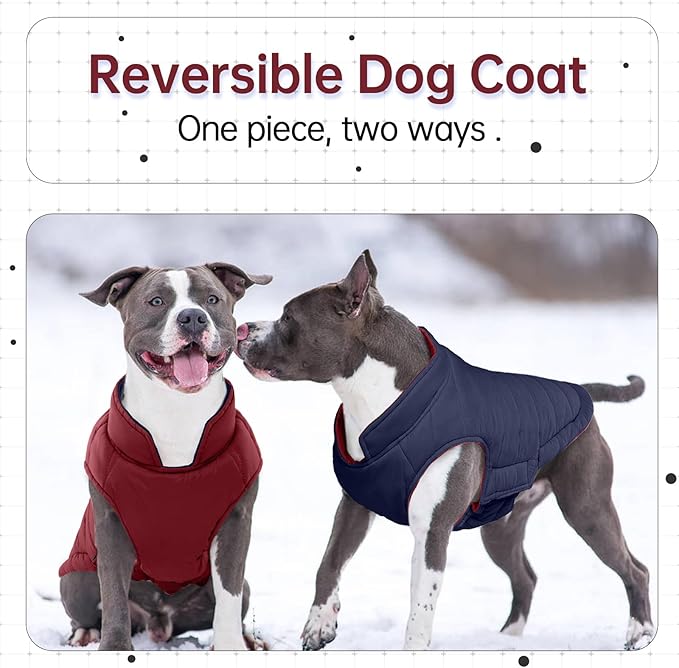 Lelepet Reversible Dog Coat Warm Dog Winter Jacket Padded Vest Windproof Lightweight Cold Weather Coat Pet Sonwsuit with Hook & Loop Coats for Medium Dogs, Non-Shedding, Easy on/Off, Pug, Wine Red, M