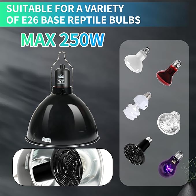 LUCKY HERP Reptile Light Fixture 250W (No Temperature Control Function), Aluminum 8.1inch Dome Reptile Lamp Fixture, Reptile Heat Lamp Fixture for UVB Bulb Basking Heat Bulb