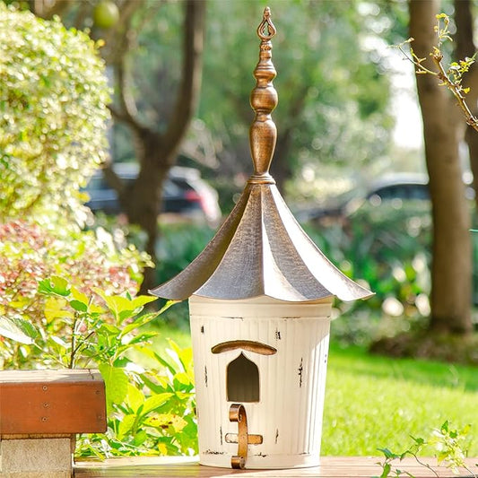 Glitzhome 29.75”H Metal Hanging Birdhouse for Outdoors Oversized Farmhouse Pagoda Painted Bird House with Bronze Roof for Bluebird Wren Chickadee Sparrow Bird Nest Box for Garden Patio, Washed White