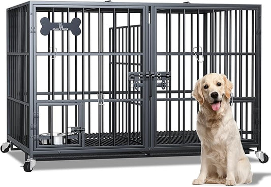 Dosker 42 inch Heavy Duty Metal Dog Crate with Divider for 2 Dogs/Large Dog, All Metal Open Top Escape Proof Cage, Indoor Dog Kennel with Wheels, Floor Grid, Tray, Feeding Bowl