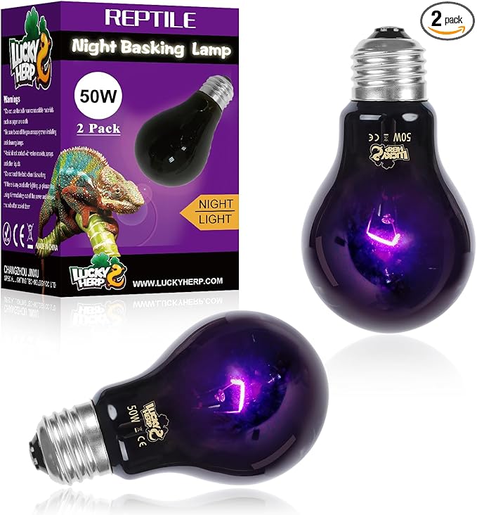 LUCKY HERP Reptile Heat Lamp 50W 2 Pack, Reptile Night Heat Bulb, Reptiles & Amphibians Basking Spot Light Bulb for Bearded Dragon, Lizard, Snake, Turtle, Chameleon