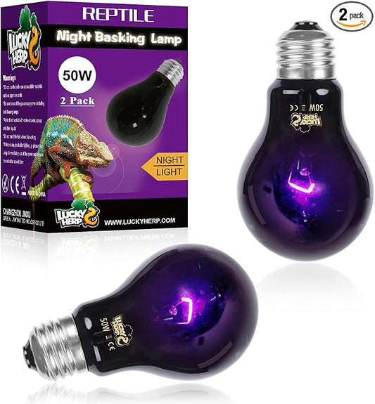 LUCKY HERP Reptile Heat Lamp 50W 2 Pack, Reptile Night Heat Bulb, Reptiles & Amphibians Basking Spot Light Bulb for Bearded Dragon, Lizard, Snake, Turtle, Chameleon