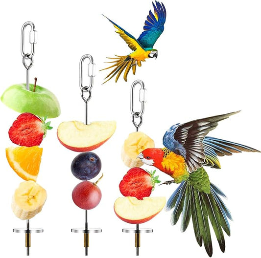Weewooday 3 Pcs Bird Cage Food Holder Parrot Bird Feeder Toy Stainless Steel Fruit Kabob Clip Treats Cage Skewer Foraging Hanging Small Animal Vegetable Stick Feeder for Parakeet Cockatoo Cockatiel