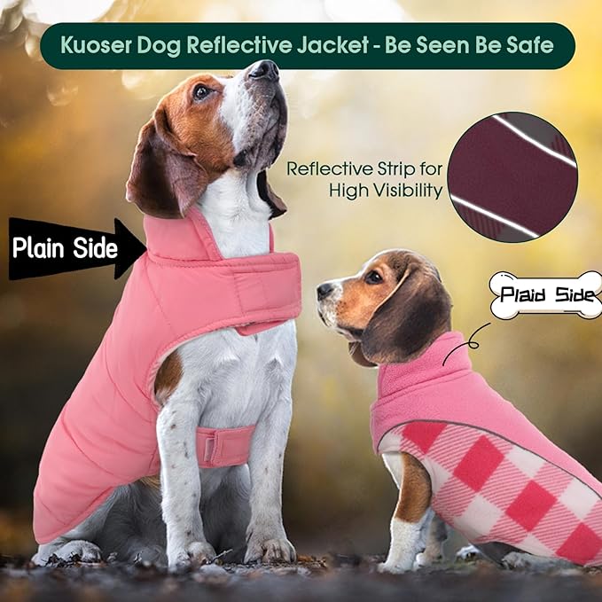 Kuoser Dog Winter Coat, Reversible Waterproof Dog Jacket with Reflective Strip, Warm Dogs Fleece Vest Adjustable Doggy Cold Weather Clothes Plaid Christmas Outfit Pet Apparel for Small Dogs, Pink S