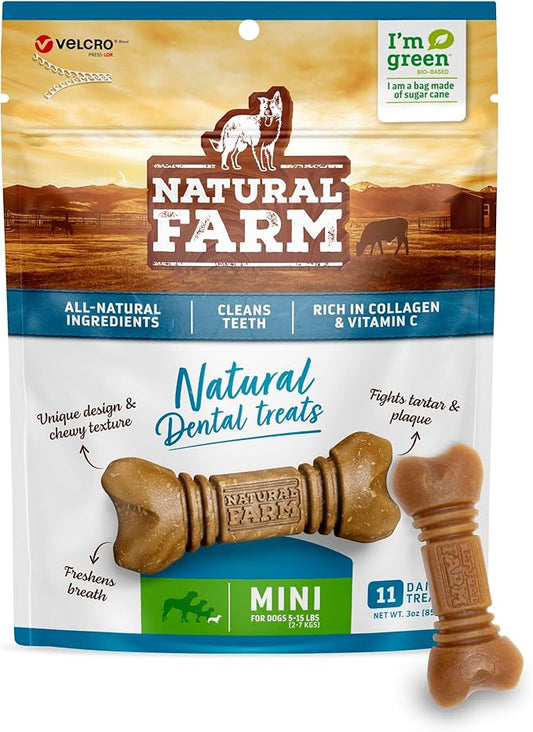 Natural Farm All-Natural Dog Dental Chew, Dog Teeth Cleaning Treats - Fresh Breath, Fight Plaque & Tartar - Canine Mess-Free Oral Care, Teeth Cleaning Chews for Dogs 5-15 Lbs (11 Treats, 2.25 Oz)