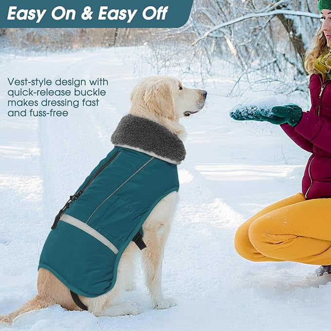 QBLEEV Warm Dog Coat Reflective Winter Jacket, Waterproof Windproof Dog Turtleneck Clothes for Cold Weather, Thicken Fleece Lining Pet Outfit, Adjustable Pet Vest Apparel for Small Medium Large Dogs