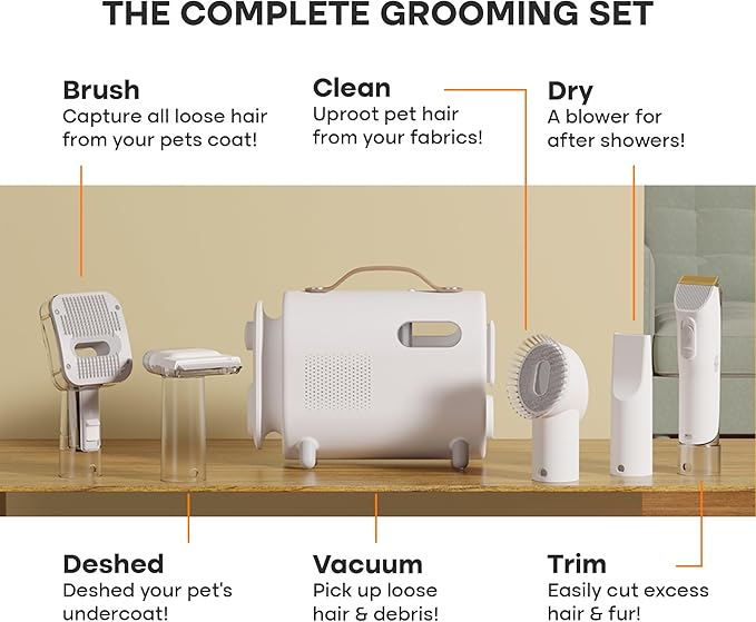 Pet Grooming Vacuum Kit - Super-Quiet Dog Hair Vacuum Groomer with Brush, Detangle, Deshed, Trim, Clean, & Dry Attachments - All You Need Pet Grooming Kit at Home