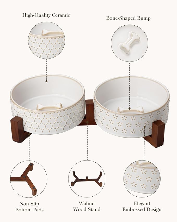 MALACASA Dog Bowl Set with Walnut Wood Stand, 3.5 Cups Ceramic Pet Bowls for Puppy Dogs, Dual Food and Water Bowls with Non-Slip Base, Basic Bowls for Your Dog or Cat, Five-Leaf Grass & Honeycomb
