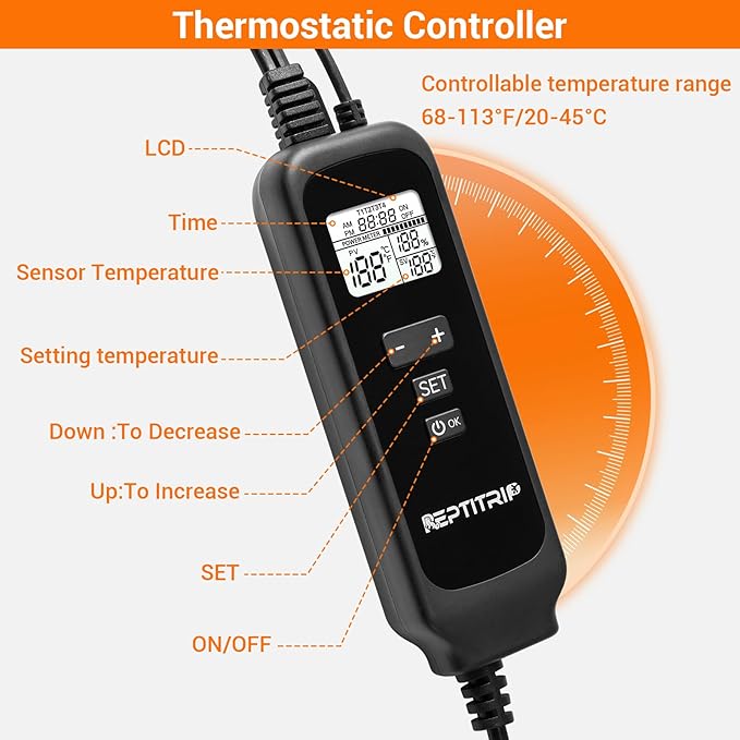 Reptile Heating Pad with PID Thermostat 8"X12" 24W, Reptile Heat Mat for 30-40gal Tank, Heat Pad with High Temperature Protection °F/°C, for Turtle/Snake/Lizard/Frog/Spider/Plant